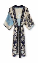 Kimono lungo fantasia blu/azzurro in seta e cotone Pahiesa