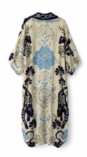 Kimono lungo fantasia blu/azzurro in seta e cotone Pahiesa