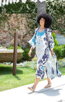 Kimono lungo fantasia blu/azzurro in seta e cotone Pahiesa